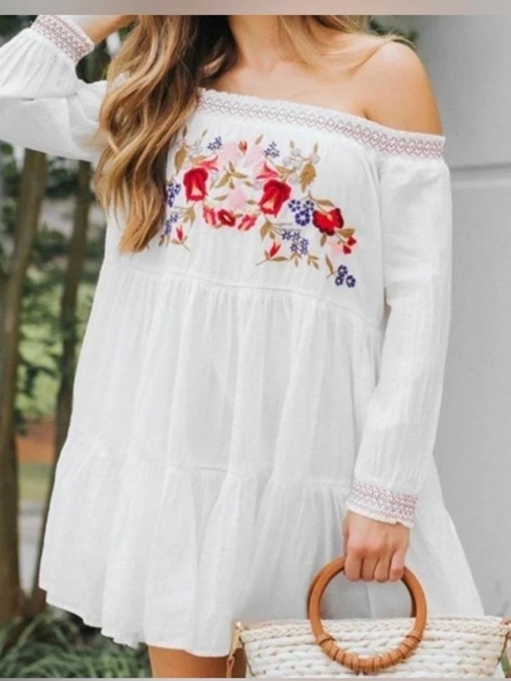 Free people sunbeams boho Off-Shoulder White Embroidered Tiered Dress mini S